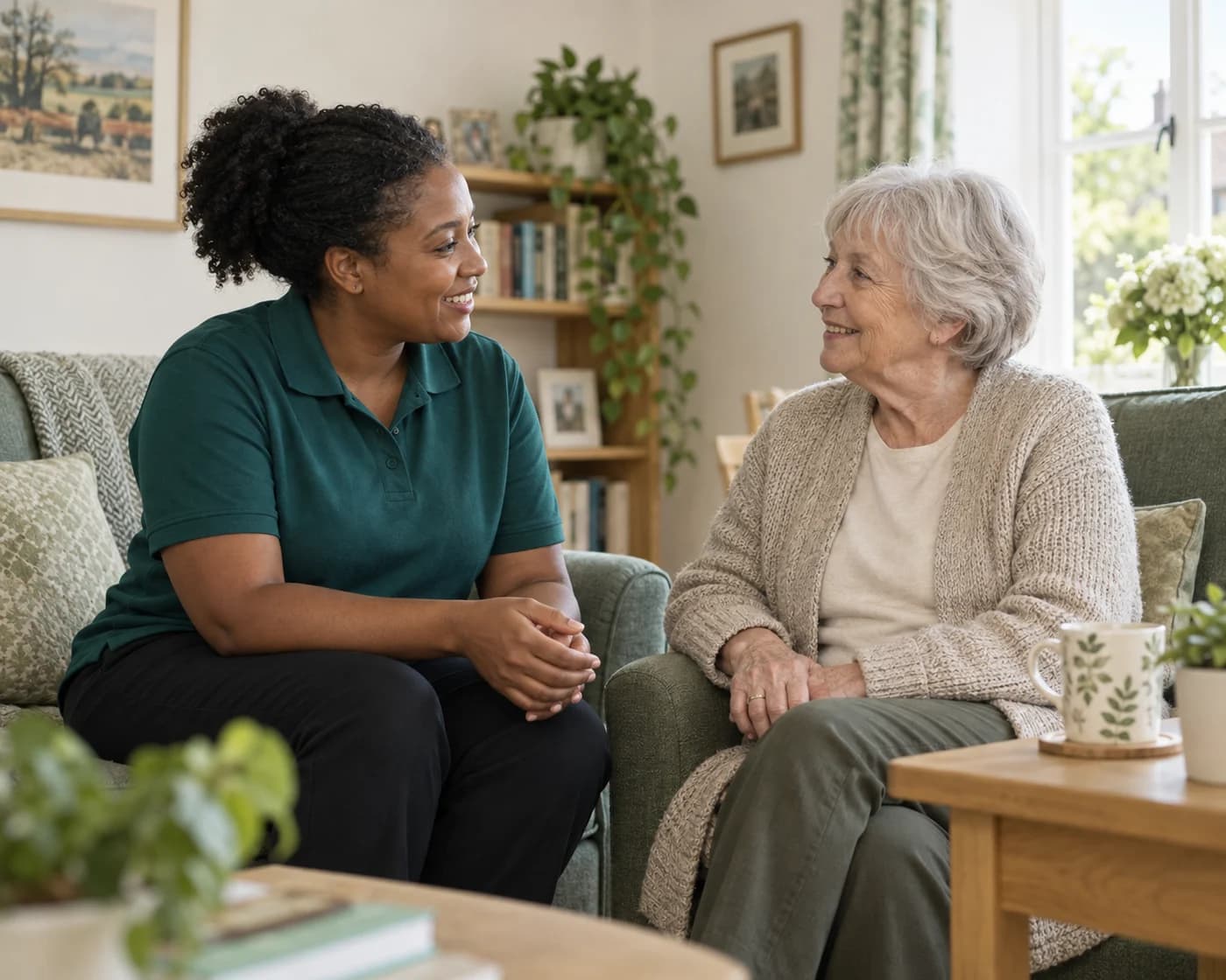 An illustrative homecare visit: a care professional talking with an older woman at home.
